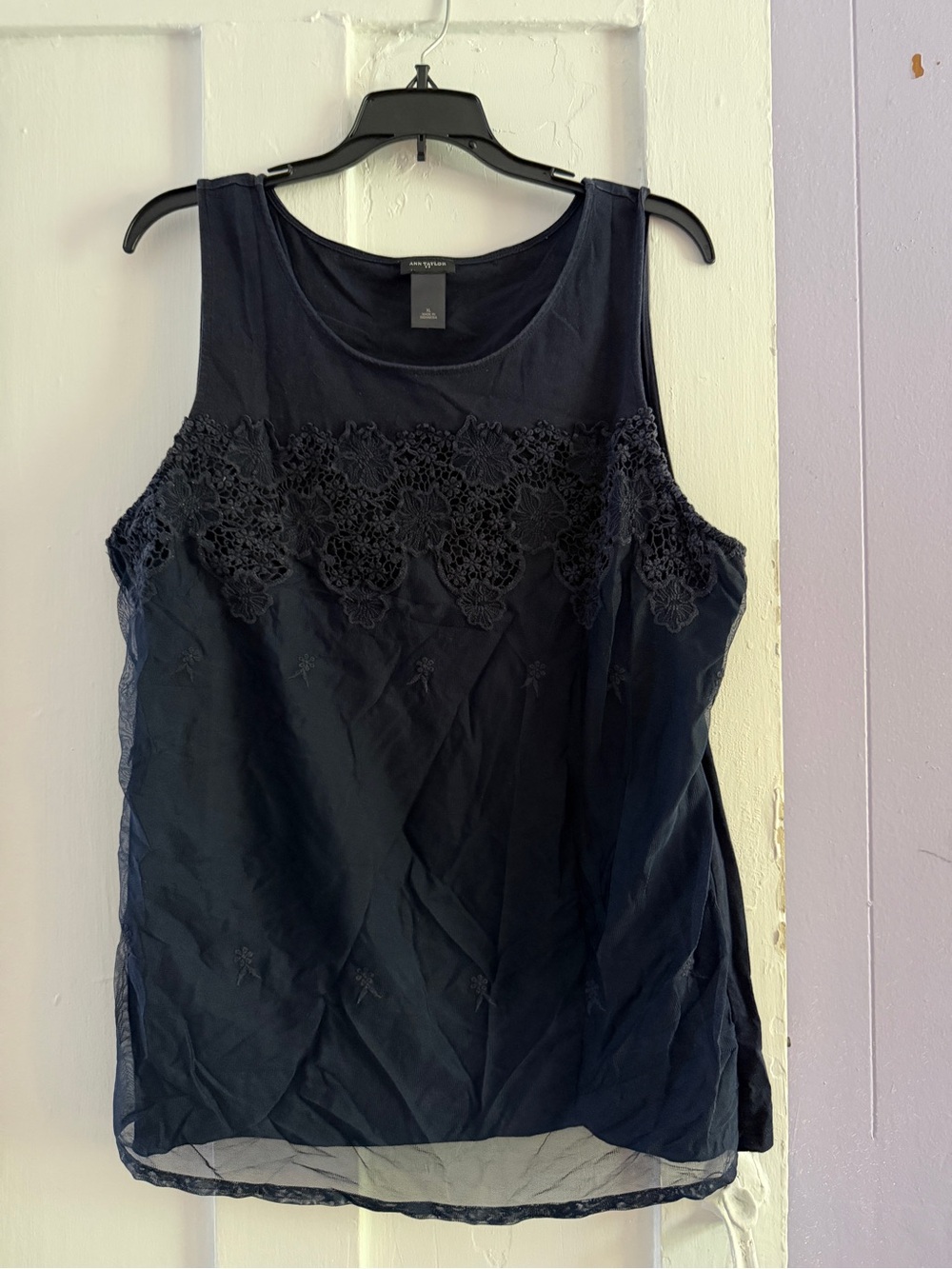 Ann Taylor Navy Crochet-Trim Sleeveless Tank